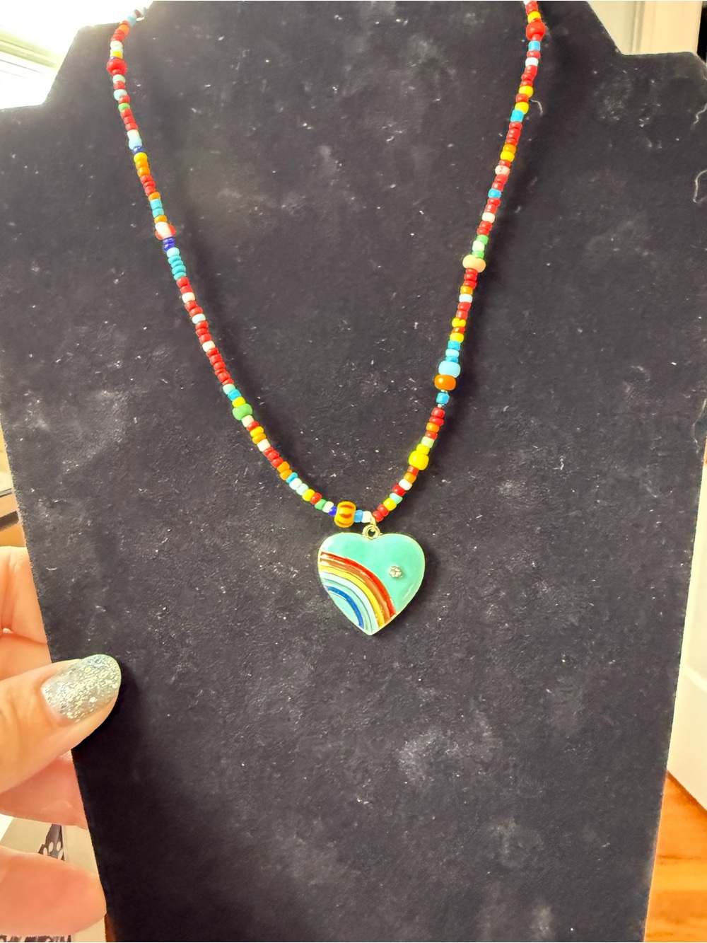 Turquoise Heart Rainbow Pendant Bead Necklace